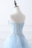 Off-the-Shoulder Backless Sky Blue Prom Dress with Appliques