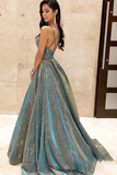 Spaghetti Straps Sage Sleeveless Long Prom Dress with Sequin Evening Dress