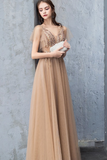 A-Line V-Neck Backless Grey Long Prom Dress With Appliques