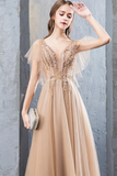 A-Line V-Neck Backless Grey Long Prom Dress With Appliques