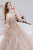 A-line Strapless Starlight Princess Champagne Prom Dress Long Evening Dress