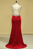 2024 Red V Neck Beaded Bodice Open Back Prom Dresses Column Spandex Sweep Train P8375TNR