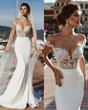 Stunning Mermaid Cap Sleeve Sheer Neck Long Wedding Dresses Beach Wedding Gowns STK15437