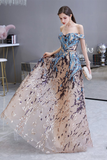 Off-the-Shoulder Prom Dress Champagne Lace Sequin Evening Dress