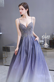 A-line Spaghetti Straps Prom Dress Long Lavender Sequins Evening Dress