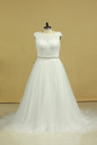 2024 Plus Size Wedding Dresses A-Line Bateau Court Train V-Back P88YBAJD