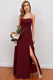 Burgundy Spaghetti Straps Long Bridesmaid Dress with Split