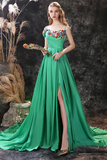 Green Prom Dress Flower Pattern Ornament Evening Dress