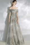 Off-the-Shoulder Prom Dress Glitter Grey Evening Dress