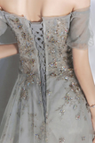 Off-the-Shoulder Prom Dress Glitter Grey Evening Dress