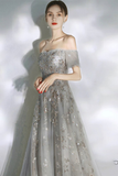 Off-the-Shoulder Prom Dress Glitter Grey Evening Dress