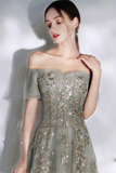 Off-the-Shoulder Prom Dress Glitter Grey Evening Dress