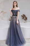 Off-the-Shoulder Prom Dress Navy Blue Evening Dress