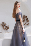 Off-the-Shoulder Prom Dress Navy Blue Evening Dress