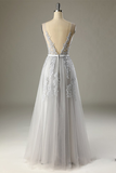 A-Line V-Neck Backless Light Grey Long Prom Dress with Appliques