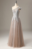 One Shoulder Long Grey Prom Dress Beaded Evening Dress