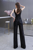 Glitter Sequin V-Neck Prom Evening Jumpsuit