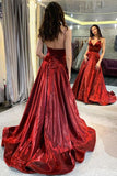 Shiny Spaghetti Straps Burgundy V neck Satin Prom Dresses, Cheap Dance STK20478