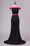 2024 Boat Neck Stretch Satin Evening Dresses Mermaid Sweep Train P3R79PQJ