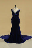 2024 V Neck Velvet Mermaid Evening Dresses With Beading Court PFBCZQFC