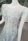 2024 New Arrival Tulle Prom Dresses A-Line Lace Up Scoop Neck With Appliques PANDN85K