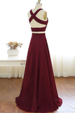 Two Piece Prom Dresses A-line Floor-length Burgundy Chiffon Prom Dress