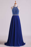 2024 A Line Prom Dresses Halter Beaded Bodice Open Back Sweep Train Chiffon & Tulle Dark Royal P9Z9GFLD