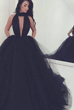 Ball Gown Halter Sleeveless Keyhole Backless Black Sexy Prom Dress