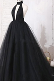 Ball Gown Halter Sleeveless Keyhole Backless Black Sexy Prom Dress