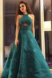 Unique A Line Green Halter Beading Satin Long Prom Dresses, Cheap Evening Dresses STK15451