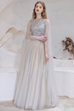 Gorgeous A-line Grey Prom Dress Pearl Long Evening Dress