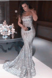 Sexy Mermaid Sequins Strapless Long Evening Dresses, Simple Prom STK20437