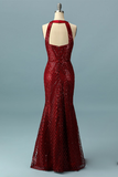 Glitter Red Halter Prom Dress Open Back Evening Dress