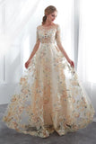 Charming A Line Floral Scoop Prom Dresses 3/4 Sleeves Empire Waist Long Evening Gowns STK15088