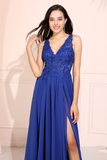 A-Line V-Neck Prom Dress Side Split Long Evening Dress