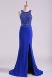 2024 Open Back Prom Dresses Scoop Spandex With Beading And Slit Sweep PABCXDDC