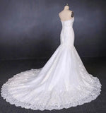 Charming Strapless Sweetheart Mermaid Lace Appliques White Wedding Dresses STK15128