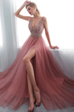 Hot Selling Pink Prom Dress Side Split Beading Evening Party Dress