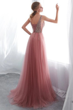 Hot Selling Pink Prom Dress Side Split Beading Evening Party Dress