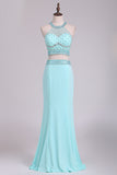 2024 Halter Two-Piece Beaded Bodice Sheath Open Back Prom Dresses Spandex & Tulle Floor P84JHZ8H