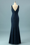 Simple Mermaid Prom Dress Navy Blue Lace Evening Dress