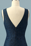 Simple Mermaid Prom Dress Navy Blue Lace Evening Dress