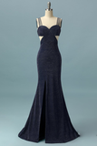 Mermaid Navy Blue Prom Dress V-Neck Long Evening Party Dress