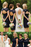 Sheath Navy Blue Open Back Lace Bridesmaid Dresses Wedding Party Dresses