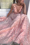 2024 Elegant Pink V Neck Floral Lace Long Prom Dresses Spaghetti Strap PM7QKG4N