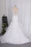 2024 Wedding Dresses V Neck Open Back Tulle With Applique And PB93GSYR