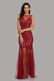 See Through Burgundy Mermaid Bateau Prom Dresses with Beading Tulle Party Dresses STK15324