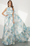 Floral Printed Chiffon Long Prom Dress Sleeveless For Formal Occasion