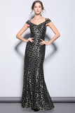 Long Black Leopard Off-the-Shoulder Prom Dress