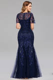 Glitter Navy Blue Sequin Formal Dress Long Prom Dress